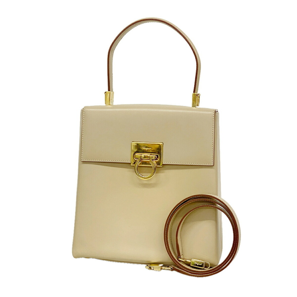 Salvatore Ferragamo Gancini Leather Handbag, Beige, 2-way Bag for Women, OP02...
